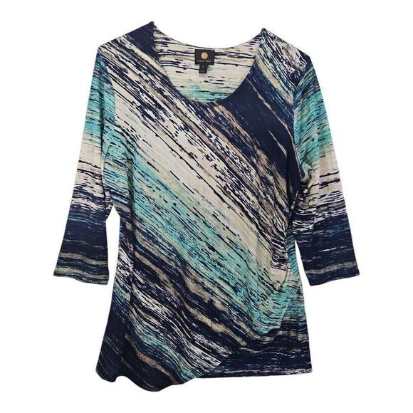 JM Collection 3/4 Sleeve Asymmetrical Hem Gold Blue Pullover Top Sz XL - Picture 1 of 7